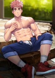 abs brown_eyes itadori_yuuji jujutsu_kaisen male_only maorenc outdoors pink_hair solo_male