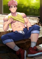 abs brown_eyes itadori_yuuji jujutsu_kaisen male_only maorenc outdoors pink_hair solo_male