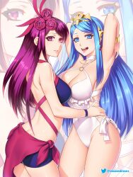 2girls :d alternate_costume armpits arms_up bare_arms bare_shoulders bikini blue_bikini blue_eyes blue_hair blue_swimsuit bracelet breasts cleavage commentary commission cowboy_shot etchimune female female_only fire_emblem fire_emblem_engage flower hair_flower hair_ornament ivy_(fire_emblem) jewelry large_breasts long_hair looking_at_viewer lumera_(fire_emblem) mole mole_under_mouth multiple_girls nintendo official_alternate_costume one-piece_swimsuit open_mouth parted_lips pink_lips purple_eyes purple_flower purple_hair purple_rose rose sarong smile standing swimsuit thighs tiara very_long_hair white_one-piece_swimsuit white_swimsuit zoom_layer