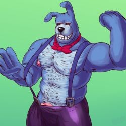 absurd_res anthro biceps blue_body blue_fur body_hair bonnie_(fnaf) bottomwear bulge clothed clothing five_nights_at_freddy's fur genitals grey_hair hair hi_res hiding_penis lagomorph leporid male male_only mammal muscular muscular_anthro muscular_male necktie nipples nude pants partially_clothed pecs penis pinup pose presenting pubes rabbit scottgames simple_background smile solo solo_male suspenders vacaocomtil verydarkholes