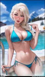 1girls aroma_sensei big_breasts bikini blue_bikini blue_eyes braided_hair breasts disney elsa_(frozen) female female_only frozen_(film) hips long_hair looking_at_viewer side-tie_bikini solo textless white_hair wide_hips