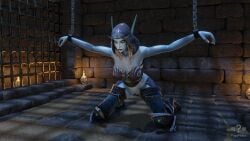 3d armor blender blue_skin bondage bottomless breastplate candle chained_up chains dungeon greaves image on_knees prison pygophilia3d skull solo sylvanas_windrunner world_of_warcraft