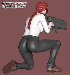 1girls ass ass_focus back_view chainsaw_man crouching goddess_of_victory:_nikke gun jackiejack99 makima_(chainsaw_man) red_hair shooting simple_background uniform