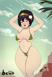 1girls aged_up armpits arms_behind_head arms_up artist_name avatar_the_last_airbender beach belly_button bewbdraws big_breasts bikini bikini_bottom bikini_top black_hair black_lips black_lipstick blue_sky blush blushing busty child_bearing_hips clothed clothed_female clothing clouds curves curvy curvy_female curvy_figure dark_hair day daytime facing_viewer female female_only fit fit_female fully_clothed green_bikini green_eyes green_sweater hands_behind_head hands_up hourglass_figure human human_only large_breasts light-skinned_female light_skin lipstick looking_at_viewer makeup navel nickelodeon not_furry outdoors outside palm_tree pose posing revealing_clothes revealing_swimsuit round_ears sensual sexy_armpits short_hair signature simple_background sky solo standing swimsuit thick_thighs thighs thin_waist thong thong_bikini tiara toph_bei_fong tree trees uncensored voluptuous wide_hips