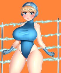 1girls apex_legends big_breasts blonde_hair blue_eyes blush bodysuit breast_expansion breasts electric_fence electricity eyebrows_visible_through_hair female female_only gloves growth huge_breasts lichtenberg_figure light-skinned_female light_skin looking_at_screen looking_at_viewer scar short_hair simple_background smile solo swimsuit swimwear thick thick_legs thick_thighs thighs tight_clothes tight_clothing timeless-t wattson_(apex_legends) wide_hips yellow_hair