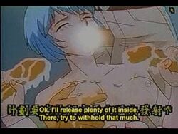 1girls 3boys 90s accurate_art_style animated bandits_(artist) blue_hair breast_grab censored closed_eyes clothed_sex clothing cum fellatio female gangbang group handjob human_salvation_project japanese_text medium_breasts neon_genesis_evangelion oral_sex rei_ayanami short_hair tagme topless translated