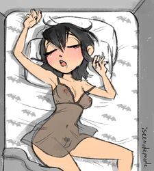 armpits bed black_hair blush breasts clothing female hotel_transylvania iseenudepeople mavis_dracula nipples open_mouth pajamas pubic_hair pussy see-through see-through_clothing short_hair sleeping transparent_clothing vagina vampire