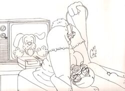 2011 anthro avian beak bird breasts canine collar duck duck_hunt duck_hunt_dog feathers female fur furry glasses gun hair harlie looking_at_viewer nintendo nipples nude pussy silvermidnight sketch solo video_games weapon zapper