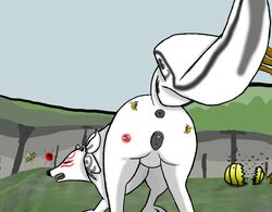 amaterasu anus ass ass_up bee bees canine female feral furry insect insects issun japanese_text markings okami pain pussy raised_tail sting tail video_games white_fur wings wolf