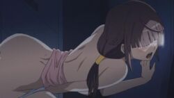 animated ass back blush bouncing_breasts breasts brown_hair female fingering fingering_self ikuno_emiru masturbation moaning nipples nozoki_ana open_mouth panties panty_pull peeping sweat underwear