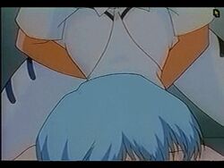 90s accurate_art_style animated bandits_(artist) censored closed_eyes clothed_sex clothing doggy_style double_handjob fellatio female group_sex handjob human_salvation_project male neon_genesis_evangelion oral rei_ayanami sex shinji_ikari tagme