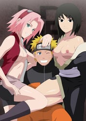 1boy 2girls accurate_art_style black_eyes black_hair blonde_hair blue_eyes boots female high_resolution human knee_boots male multiple_girls naruto naruto_shippuden pets pink_hair sakura_haruno shizune short_hair smile stiky_finkaz straight uzumaki_naruto