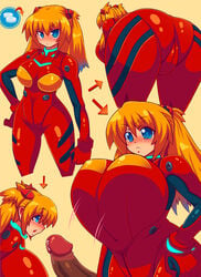 2013 asuka_langley_sohryu big_butt blush breast_expansion breasts butt butt_focus cameltoe cleavage clothing formal gradient_hair huge_butt huge_cock large_breasts latex multicolored_hair neon_genesis_evangelion penis plugsuit raion-san suit