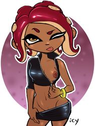 ;p agent_8_(octo_expansion) agent_8_(splatoon) breasts cephalopod cephalopod_humanoid closed_eye clothed clothing dark-skinned_female dark_skin iseenudepeople looking_at_viewer mask_(marking) nintendo nipples no_bra no_panties nude octoling octoling_girl octopus one_breast_out orange_eyes raised_eyebrow red_hair seductive self_exposure showing showing_off skirt splatoon splatoon_2 splatoon_2:_octo_expansion suction_cup tentacle tentacle_hair tongue tongue_out undressing unzipping