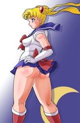 armwear ass bishoujo_senshi_sailor_moon blonde_hair blue_eyes blush casual clothing elbow_gloves female footwear gloves human moukin_punch no_panties pale_skin sailor_moon skirt small_breasts smile usagi_tsukino