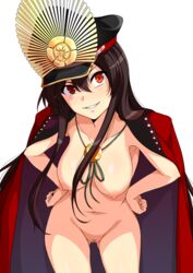 2018 bent_forward big_breasts black_hair censored coat crazy_eyes demon_archer fate/grand_order fate_(series) functionally_nude hands_on_hips haruhisky hat long_hair naked_cape nude pubic_hair pussy red_eyes smile very_long_hair