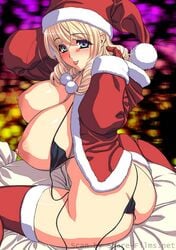 :p ass bag bed bikini blonde_hair blush breasts christmas green_eyes highres huge_breasts magaki_ryouta micro_bikini nipples puffy_nipples santa_costume santa_hat sideboob sitting smile string_bikini swimsuit tongue undressing