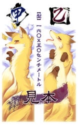 animal animalization blush dakimakura fangs fox fur furry_ears furry_tail hat lying multiple_tails open_mouth orange_eyes pawpads paws pixiv2305461 ran_yakumo ran_yakumo_(fox) sheets tail tongue touhou translation_request zoophilia