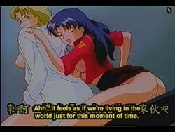 2girls 90s accurate_art_style animated animated_gif bandits_(artist) blue_hair blush clothing english_text female human_salvation_project large_breasts mature_female milf misato_katsuragi multiple_girls neon_genesis_evangelion ritsuko_akagi screencap screenshot skirt tagme text