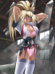 arms_up belt blonde_hair blue_eyes blush bra burn_up!_w cleavage clothing lingerie long_hair nightmare_express open_clothes open_shirt panties pink_bra pink_panties police ponytail rio_kinezono_(burn_up!) shirt solo standing stockings sunlight sweatdrop tied_hair torn_clothes underwear uniform window