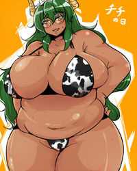 bb bikini breasts dark_skin fat glasses gold_eyes green_eyes green_hair horns huge_breasts long_hair plump sweat swimsuit yellow_eyes yuuki