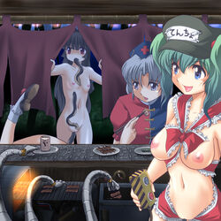 4girls bestiality black_hair bobby_socks breasts chopsticks clothed_female_nude_female conveyor_belt conveyor_oven eating eel eirin_yagokoro female_only flat_chest food food_stand green_hair grill hat highres ineffective_clothing kaguya_houraisan lamprey long_hair mechanical_arm medium_breasts multiple_girls naked_ribbon navel night nipples nitori_kawashiro nude oven pussy revealing_clothes ribbon silver_hair suika_ibuki text tied_hair tiny_breasts touhou translated translation_request twintails uncensored wancozow yatai zoophilia