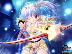 arrow blue_hair bow bow_(weapon) cute_fang horns ishihara_masumi laughing nipples purple_hair pussy ragnarok_online red_eyes short_hair sniper_(ragnarok_online) solo uncensored wallpaper weapon wink