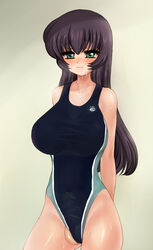 1futa 2d black_hair blush breasts bulge cameltail character_request futa_only futanari green_eyes intersex large_breasts long_hair one-piece_swimsuit penis piririnegi solo source_request sweat swimsuit tear testicles