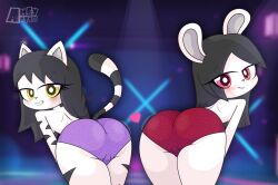 2022 2girls amey_arts anthro art_trade ass black_hair blush borrowed_character bunny_ears cat_ears cat_tail feline heart multiple_girls original original_character panties pussy rabbit red_eyes someone_else's_oc tail thick_thighs white_fur yellow_eyes