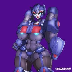 abs armor belly blue_eyes bugzilla eyeshadow fists garter_straps gloves grey_body headlights huge_breasts lips pauldrons peeking_nipple peeking_out purple_background red_lipstick red_makeup robot_girl round_breasts rule_63 stockings thick_thighs thong three-quarter_portrait thunder_thighs transformers ultra_magnus underboob