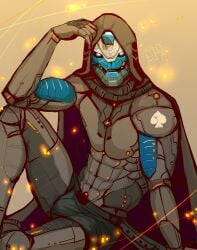 1boy 2020 abs absurd_res android belt blue_eyes bulge bungie cayde-6 clothing destiny_(game) destiny_(video_game) destiny_2 exo grey_body highres hood humanoid looking_at_viewer machine male male_only pockyrumz robot robot_humanoid sitting solo spades_(suit) suit_symbol underwear