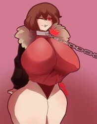 1girls aged_up breasts breasts_bigger_than_head brown_hair chain_leash chara eosftwit female female_only gigantic_breasts human red_eyes storyfell storyfell_chara tagme thick_thighs toby_fox undertale undertale_(series) undertale_au