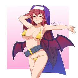 1girls arcana_heart arm_behind_head arm_up armpits bat_wings big_breasts bikini breasts busty clarice_di_lanza cleavage closed_eyes female female_only garter_belt large_breasts legs long_hair nalia nun pose posing purple_hair sensual smile solo swimsuit thighs voluptuous wings yellow_bikini