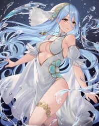 1girls alternate_costume azura_(fire_emblem) bangs blue_hair breasts cleavage dress female female female_only fire_emblem fire_emblem_fates gold_trim hair_between_eyes haru_(nakajou-28) highres hydrokinesis long_bangs long_hair nintendo parted_lips sidelocks solo thighs underboob veil very_long_hair water white_dress yellow_eyes