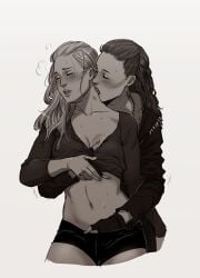 2girls black_and_white blonde_hair blush brown_hair clarke_griffin closed_eyes clothed_sex female female_only fingering fingerless_gloves groped_from_behind groping groping_breasts hand_in_another's_panties hand_under_bra hickey kissing kissing_neck lesbian lexa_(the_100) looking_pleasured pressing_breasts sweet tagme_(artist) white_background yuri