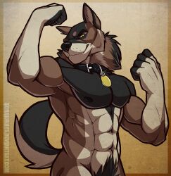 1male 2015 5_fingers abs accessory anthro anthro_male anthro_only armpit bara bedroom_eyes biceps big_biceps black_eyebrows black_fingers black_nipples black_nose black_tuft breastplate brown_arms brown_body brown_ears brown_fur brown_legs brown_tuft buff butt choker clenched_fists closed_mouth comission confident countershade_arms countershade_hands countershade_tail countershade_torso digital_media_(artwork) dog_collar exhibitionism facial_tuft flexing flexing_biceps fur furry gay gold_coin gradient_background hi_res hidden_penis hips implied_nudity looking_at_viewer lupine male male_only manly moonstalker_(character) multicolored_body multicolored_face multicolored_tuft navel neck_tuft neckwear pecs pose posing provocative pubic_hair raised_arm raised_tail seductive shaved_armpit smirk smirking_at_viewer solo solo_male sorakirbys standing tail three-quarter_portrait tilted_head topless topless_anthro topless_male trapezius upper_body upper_body_focus wolf wolf_boy wolf_ears wolf_tail yellow_eyes