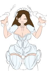 big_breasts blush brickshoes brown_hair corset cum dress ejaculation gangbang handjob intracrural shadowleggy simple_colors smile thighjob white_background