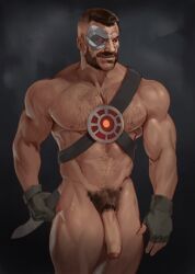 balls bara chest_hair crispyy_art cybernetic_eye facial_hair flaccid kano_(mortal_kombat) knife male male_only mortal_kombat muscles muscular mutton_chops nude penis sideburns solo solo_male