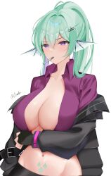 1girls bare_midriff belly_button big_breasts braless cigarette cigarette_in_mouth cleavage exposed_torso finana_ryugu finana_ryugu_(3rd_costume) fingerless_gloves fish_girl green_hair hairclip head_fins hi_res highres huge_breasts leon_decarabia light-skinned_female light_skin midriff navel nijisanji nijisanji_en no_bra open_clothes open_shirt ponytail purple_eyes shirt_open solo virtual_youtuber white_background