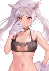 1girls :p animal_ears animal_hands asymmetrical_bangs bangs bell black_bra bra breasts cat_cutout cat_lingerie cat_paws clothing_cutout collarbone commentary_request fake_animal_ears female female_only fire_emblem fire_emblem_awakening fire_emblem_heroes gloves grima_(fire_emblem) haru_(nakajou-28) highres long_hair looking_at_viewer medium_breasts meme_attire navel neck_bell nintendo paw_gloves possession red_eyes robin_(female)_(halloween)_(fire_emblem) robin_(fire_emblem) robin_(fire_emblem)_(female) solo tongue tongue_out twintails underwear white_background white_hair