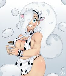 blue_eyes breasts character_request cleavage cow_print dalley_le_alpha female female_only hair_over_one_eye milk oc original original_character thick_thighs thighs tied_hair white_background white_hair