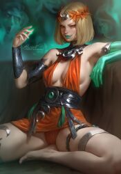 1girls aleriia_v blonde_hair cleavage clothed green_lipstick hades_(game) hades_2 heterochromia inner_sideboob lerapi lipstick melinoe painting_(artwork) proud short_hair sideboob sitting small_breasts smirk thighs upskirt woman