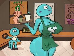 ana_margarita_de_la_beef apron apron_only big_breasts big_penis blue_body breasts dezmine21 female huge_breasts huge_cock jellyfish larger_female penis small_but_hung smaller_male splatoon splatoon_(series) splatoon_2 tentacle tentacles