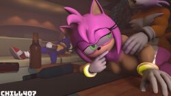 3d 3d_(artwork) amy_rose big_breasts biting_finger chill407 from_behind green_eyes looking_back pink_body sleeping sonic_(series) sonic_the_hedgehog sonic_the_hedgehog_(series) source_filmmaker tails tails