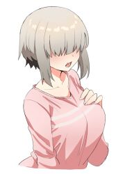 bangs breasts collarbone commentary cropped_torso english_commentary female grey_hair hair_over_eyes hand_on_own_chest jorin large_breasts light_blush long_bangs long_sleeves no_eyes open_mouth pink_shirt shirt short_hair short_hair_with_long_locks sidelocks simple_background solo upper_body uzaki-chan_wa_asobitai! uzaki_yanagi white_background