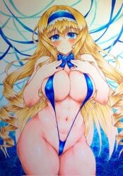 1girls big_breasts blonde_hair blue_eyes blush breasts busty cecilia_alcott child_bearing_hips cleavage drill_hair female female_only hands_on_own_chest highres infinite_stratos large_breasts legs long_hair looking_at_viewer navel slingshot_swimsuit solo swimsuit thick_thighs thighs traditional_media voluptuous wide_hips