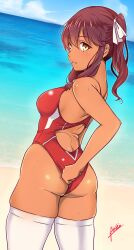 1girls aiuti artist_name ass beach big_ass big_breasts breasts brown_hair competition_swimsuit female female_only girls'_frontline highres large_breasts legs looking_at_viewer looking_back ocean one-piece_swimsuit parted_lips saiga-12_(girls'_frontline) sideboob sweat swimsuit tan thick_thighs thighhighs thighs voluptuous water wedgie