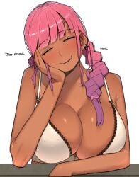 1girls big_breasts blush bra braid closed_eyes dark-skinned_female dark_skin dialogue earrings english_text female female_only leaning_on_elbow long_hair looking_at_viewer ohasi pink_(ohasi) pink_hair smiling smiling_at_viewer solo talking_to_viewer white_background