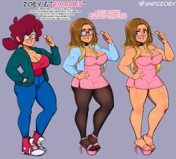 artist_self-insert bimbo bimboey_(npczoey) bimbofication black_eyes blonde_highlights brown_hair character_sheet choker cleavage clothing dress english_text full_body glasses heels hi_res long_hair looking_at_viewer npczoey pantyhose ponytail red_hair red_lipstick smiling smiling_at_viewer thick_thighs thumbs_up zoey_(npczoey)