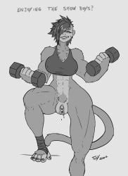 anthro big_clitoris black_and_white bodily_fluids bottomless clitoris clothed clothing dumbbell exercise exercise_equipment female footwear gaping gaping_pussy genital_fluids genitals haplorhine hi_res looking_at_viewer mammal monkey monkey_feet monkey_girl muscular_female one_eye_obstructed plump_labia prehensile_feet primate pussy pussy_juice smile solo sweat text toby_art topwear weights